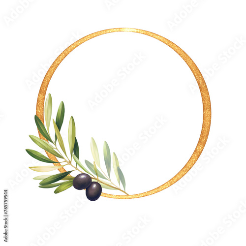 Gold round frame with olive branch.