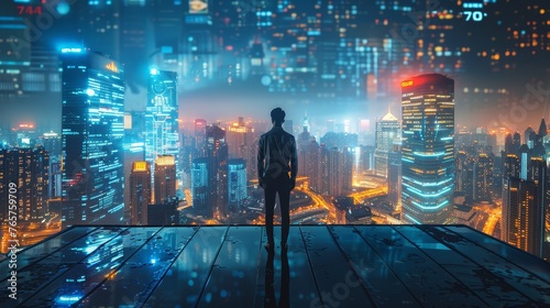  A business champion standing confidently on a rooftop terrace of a tall building, with a futuristic city skyline and digital 