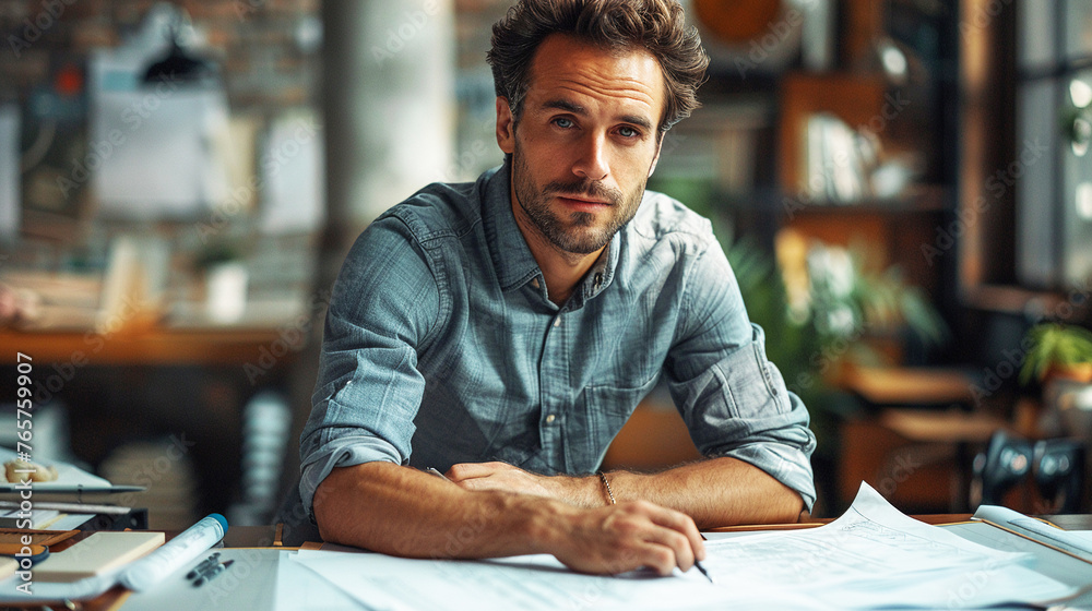 A focused architect at a drafting table the photo depicts a young male architect in semi-formal attire A focused architect at a drafting table the photo depicts a young male architect in semi-formal attire