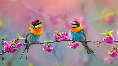 Two Colorful Birds on Tree Branch © olegganko