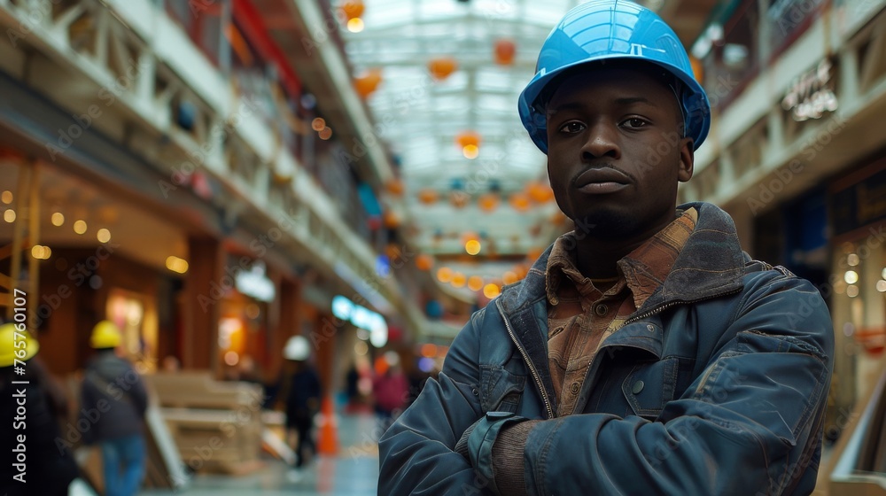 Man in Blue Hard Hat in Warehouse Man in Blue Hard Hat in Warehouse