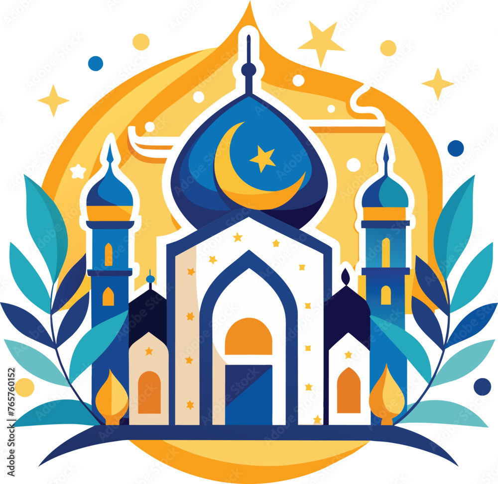 Mosque with crescent moon and star vector illustration. Ramadan Kareem.