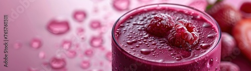 A close-up of a vibrant berry smoothie, dotted with condensation. The texture and detail of the berries against the pink backdrop evoke a sense of freshness.