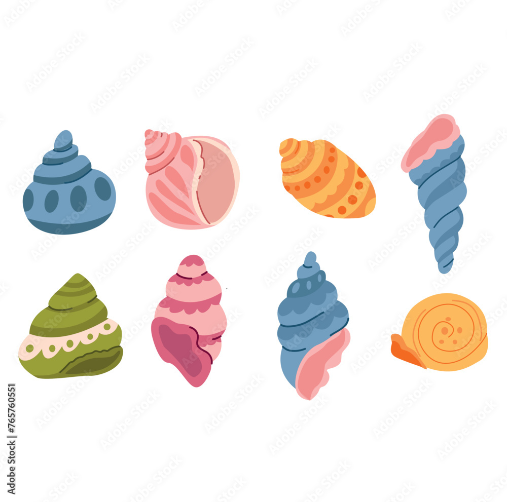 Set of colorful seashells isolated on white background. Vector illustration. Set of colorful seashells isolated on white background. Vector illustration.