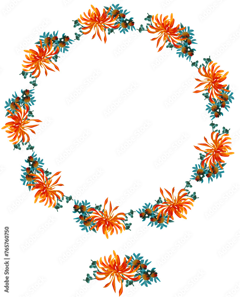Colourful wreath of chrysanthemums, blue flowers and green leaves. Watercolor floral frame for decor, cards, logo, banners, cover, wrapping paper Colourful wreath of chrysanthemums, blue flowers and green leaves. Watercolor floral frame for decor, cards, logo, banners, cover, wrapping paper
