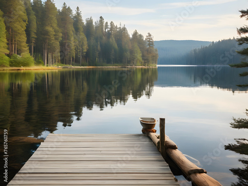A wooden dock extends into the water on a peaceful lake