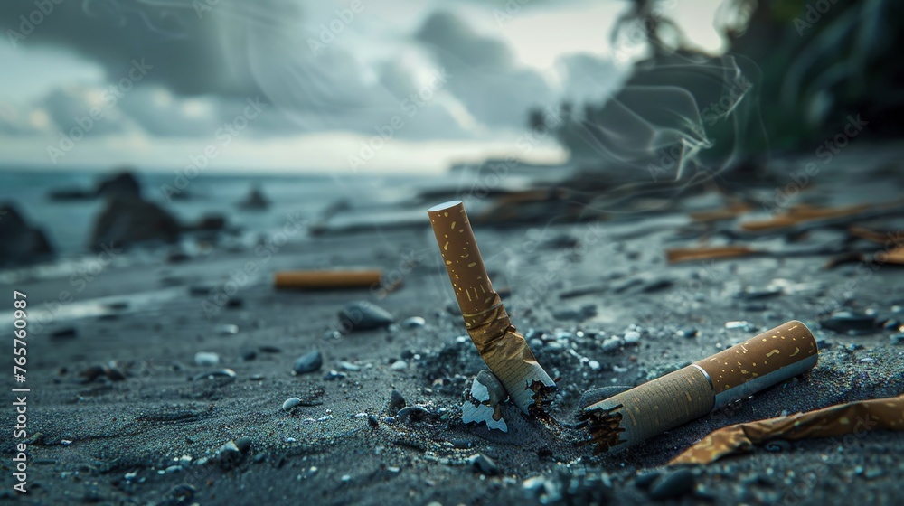 A conceptual image of a broken cigarette lying on a polluted beach, highlighting the connection between smoking and environment - obrazy, fototapety, plakaty 