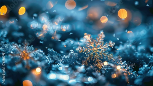 Detailed Snowflake Close Up With Blurry Lights