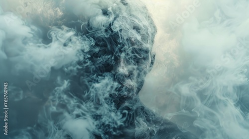 A concept photo of a person struggling to breathe in a polluted environment, with smoke and haze obscuring their lungs, photo