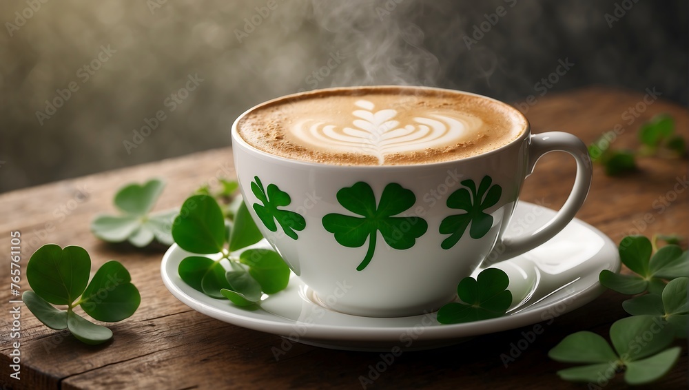 A rich latte with a shamrock design on top, set against a backdrop of misty clover leaves. AI generated A rich latte with a shamrock design on top, set against a backdrop of misty clover leaves. AI generated