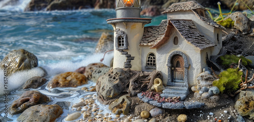 A charming miniature lighthouse overlooking a rocky coastline, with waves crashing against the shore