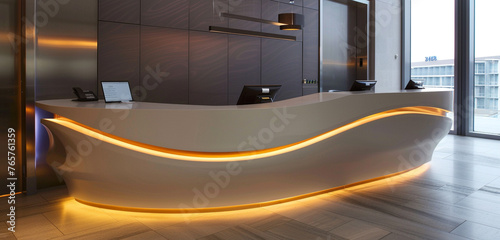 A contemporary hotel check-in counter featuring integrated LED lighting and a sleek, curved shape photo