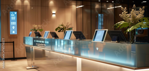 A contemporary hotel check-in counter featuring integrated touchscreen screens and a sleek, backlit glass design © Stone Shoaib