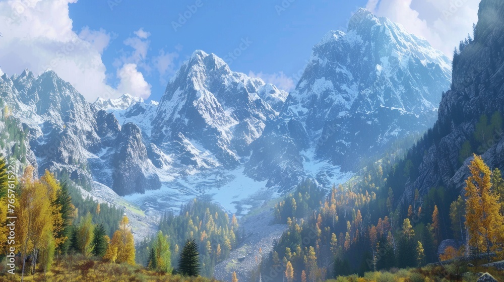 Beautiful mountain views in autumn on very high mountains partially covered with snow, steep rock walls and grasslands