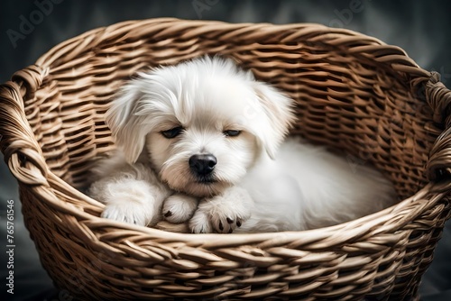 A small white dog is sleeping in a basket