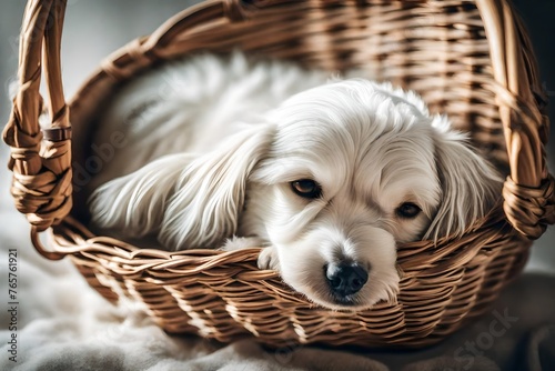 A small white dog is sleeping in a basket