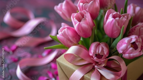 Pink Tulips in Gift Box With Pink Streamers