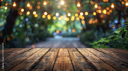 Wooden Table With Background Lights