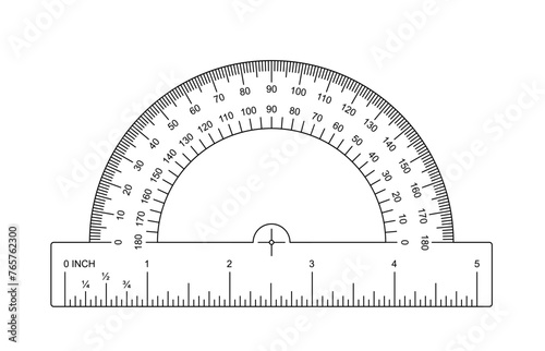 180 degree protractor, ruler or set square. protractor icon. Grids for a ruler in inch. 0, 45, 90 or 180 degrees. Rulers INCH scale. Scale bars for rulers. School tools sign.