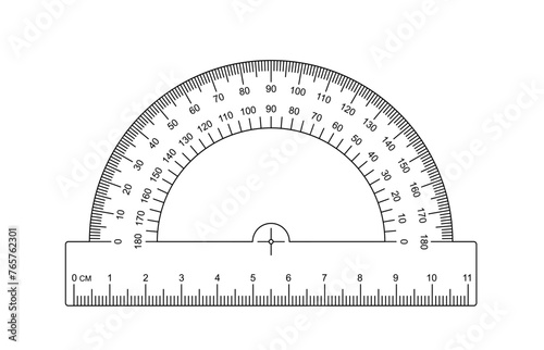 180 degree protractor, ruler or set square. protractor icon. Grids for a ruler in millimeter, centimeter. 0, 45, 90 or 180 degrees. Rulers mm, cm scale. Scale bars for rulers. School tools sign.
