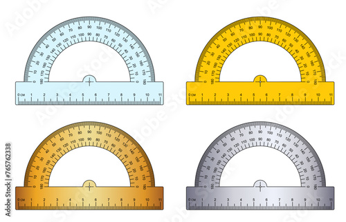 180 degree protractor, ruler or set square. protractor icon. Grids for a ruler in millimeter, centimeter. 0, 45, 90 or 180 degrees. Rulers mm, cm scale. Scale bars for rulers. School tools sign.