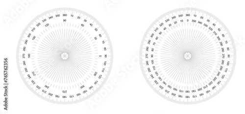 Round 180 degree protractor, ruler or set square. Circular protractor. icon. compass, and map, angle meter. Rulers mm, cm scale. Scale bars for rulers. School tools sign. Measuring round scale.
