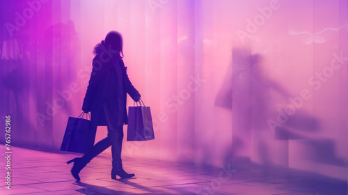A silhouette of a woman in a coat carrying shopping bags walks through a city over a pink and purple hue