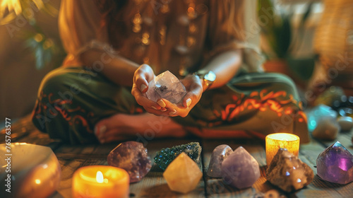 A photo of a crystal healer performing a healing session, using crystals to balance and harmonize the body's energy centers photo