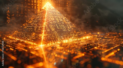 A pyramid adorned with glowing hieroglyphs stands atop a futuristic circuit board, blending ancient mysticism with modern technology.