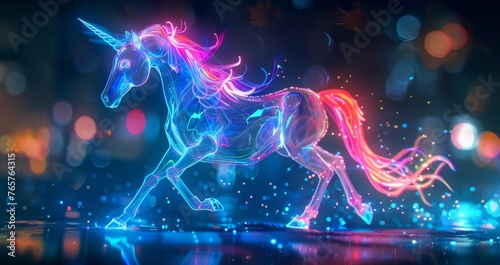 A striking neon-lit unicorn gallops dynamically, its vibrant mane flowing, amidst a magical night filled with sparkling lights. © Sodapeaw
