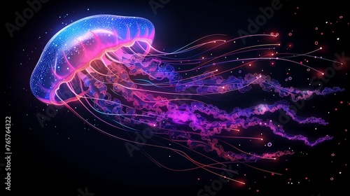 An intricate jellyfish glides through the abyss, its neon trails and sparkling particles creating a captivating underwater scene.