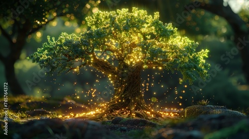 A mystical oak tree radiates with golden, magical lights, casting a warm glow in an enchanting forest clearing.