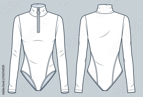 Roll Neck Bodysuit technical fashion illustration. Long Sleeve Bodysuit fashion flat technical drawing template, zipper, slim fit, front and back view, white, women Top CAD mockup.