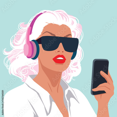 Portrait of a blonde girl in pink headphones with a mobile phone in her hand. A girl with pink hair wearing sunglasses takes a selfie. Woman face with red lips, Flat style. Vector