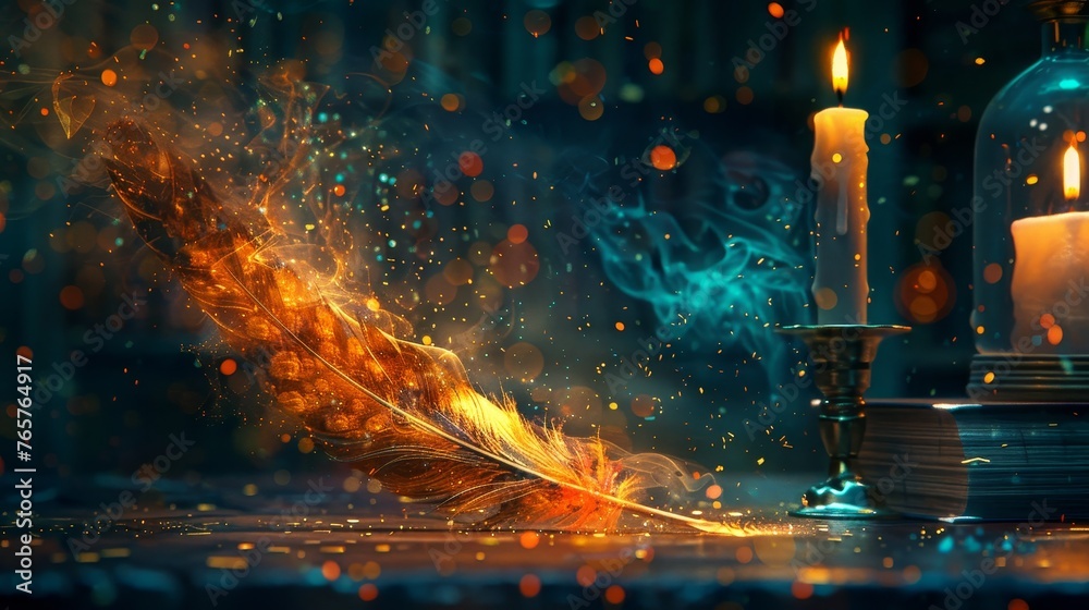 A mystical golden feather glowing amidst floating sparks near burning candles and vintage books.