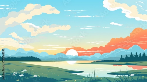 landscape with mountains with blue sky clouds wallpaper. Cartoon illustration of a road in a field with mountain and clouds. A mountain with road and blue sky. mountain Landscape with Blue Sky.