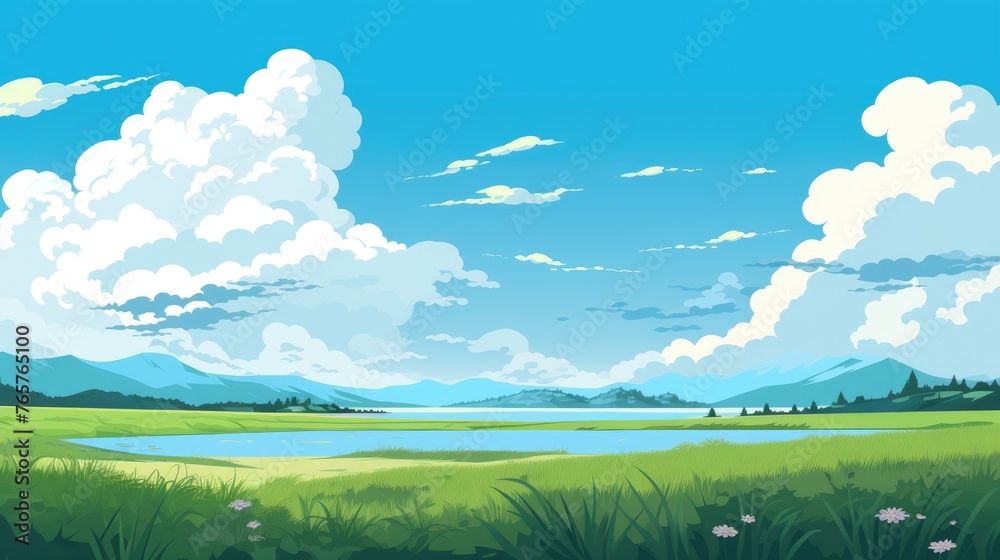 landscape with mountains with blue sky clouds wallpaper. Cartoon illustration of a road in a field with mountain and clouds. A mountain with road and blue sky. mountain Landscape with Blue Sky.