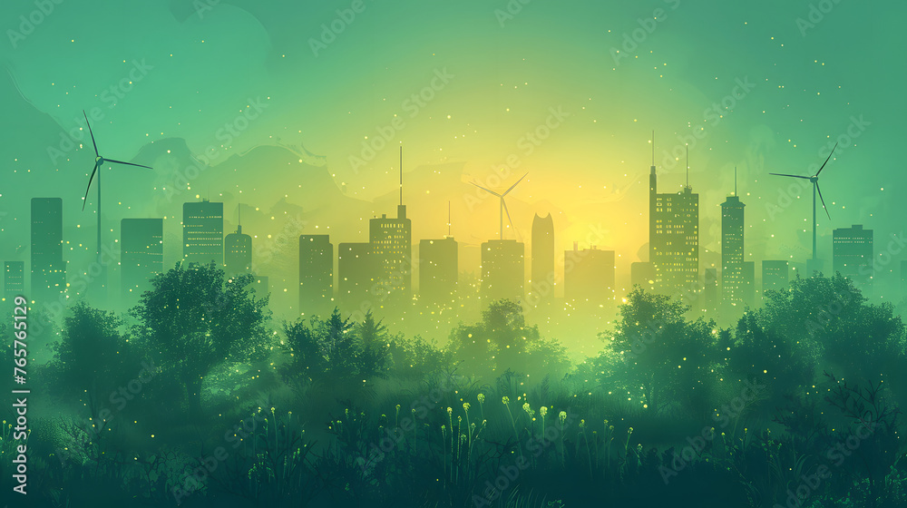 a city skyline with wind turbines, birds flying in the foreground, and lush greenery in the background.