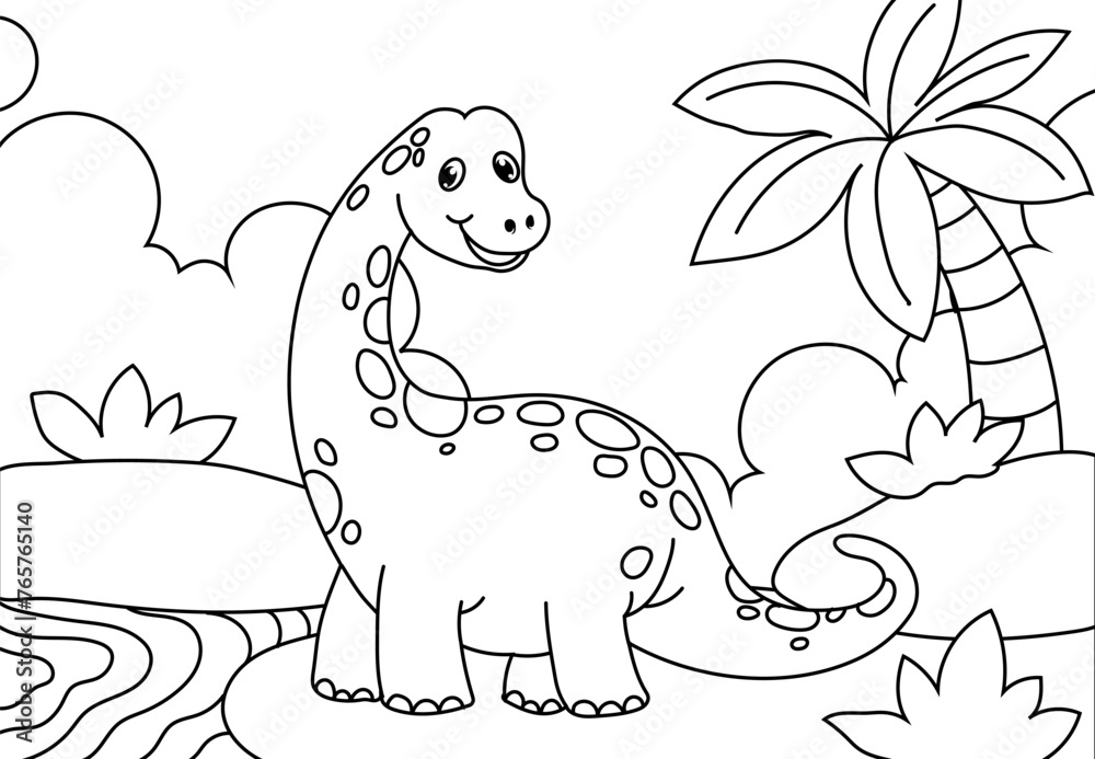 Coloring Pages Cute Dinosaur of meadows, trees, mountains and clouds ...
