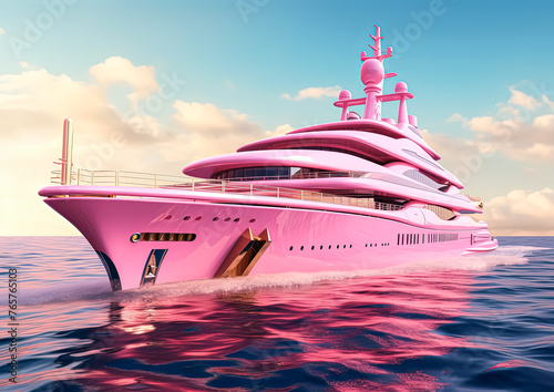 A pink boat is floating in the ocean with a pink airplane flying in the background. The scene is whimsical and playful, with the pink color scheme creating a sense of fun and lightheartedness photo