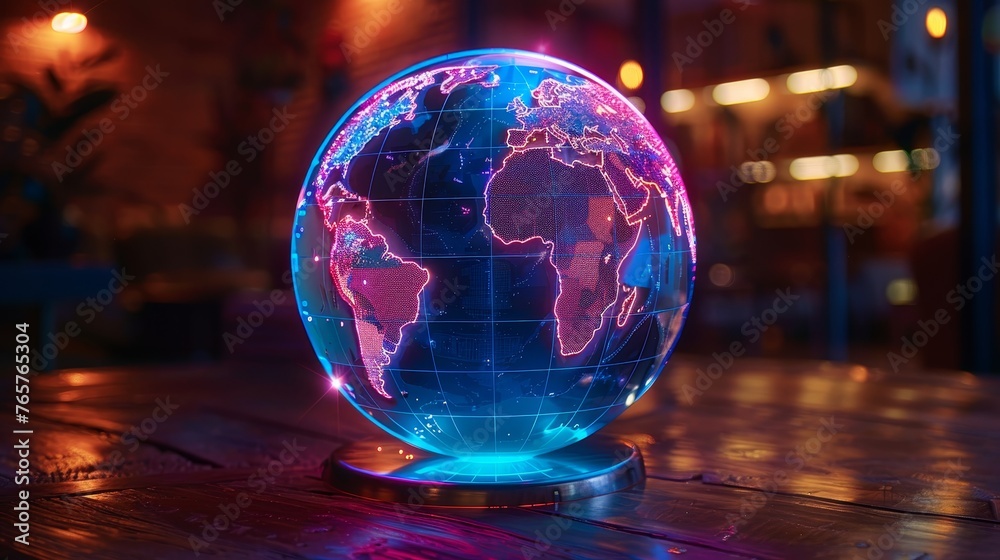 A striking neon-lit world map globe displays vibrant global connectivity on a rustic wooden table, blending tradition with modern tech. A striking neon-lit world map globe displays vibrant global connectivity on a rustic wooden table, blending tradition with modern tech.
