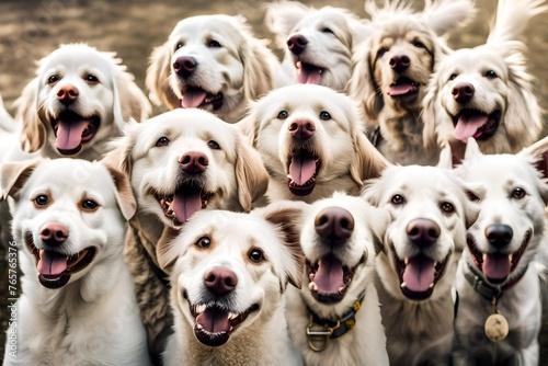 A group of white dogs with their mouths open