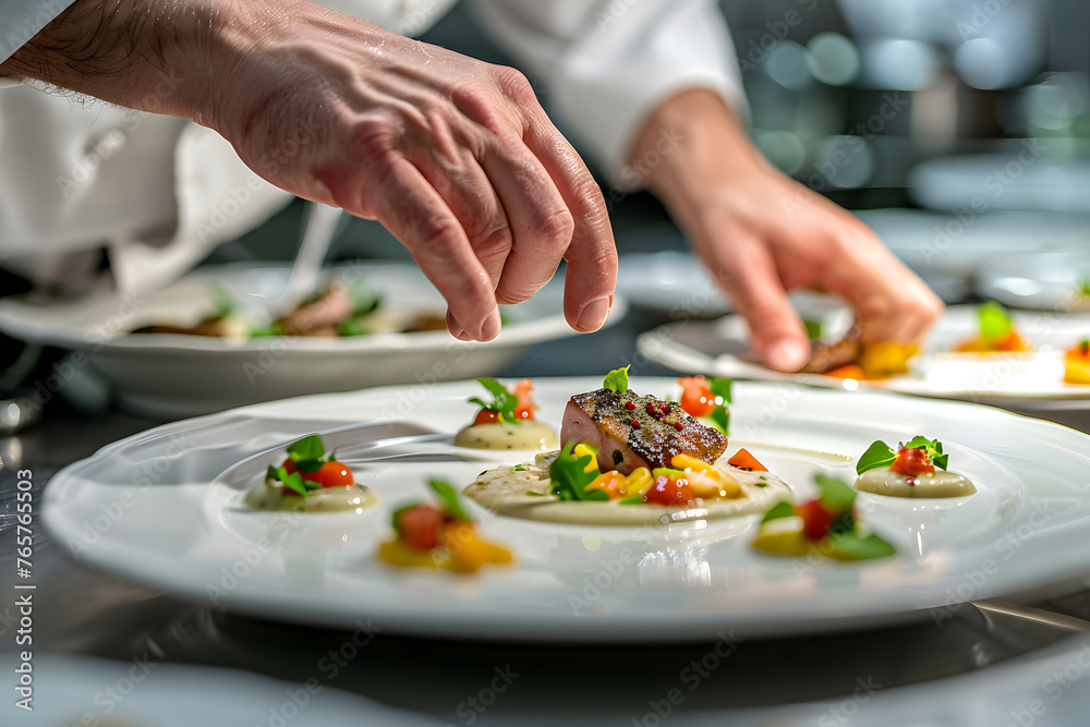 a chef's hands meticulously plating a dish, arranging ingredients with precision and artistic flair