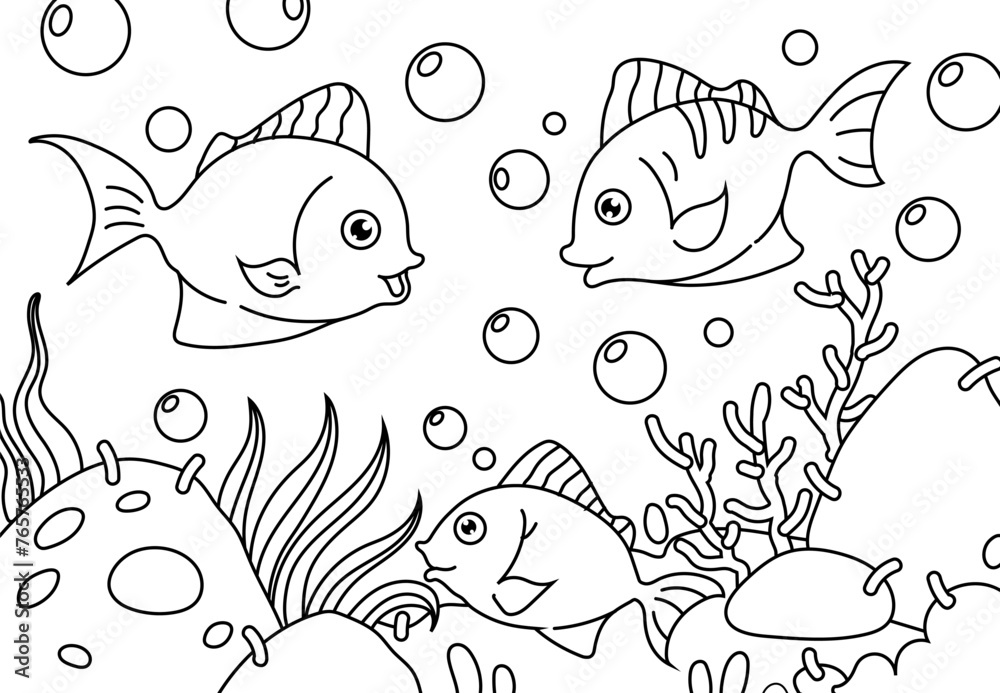 Fototapeta premium Underwater landscape coloring book for adults. Printable Coloring book Outline black and white.