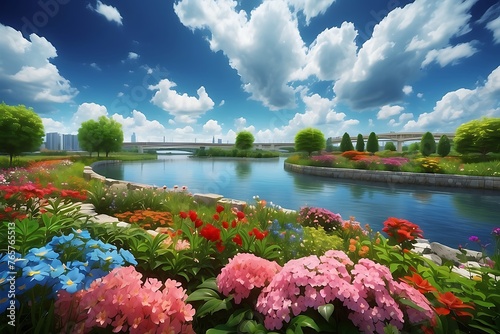Anime-style vibrant riverbank garden under a clear blue sky. Generative AI