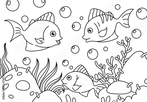 Underwater landscape coloring book for adults. Printable Coloring book Outline black and white.