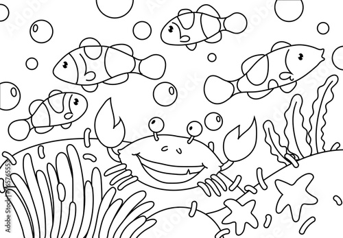 Photography Underwater landscape coloring book for adults with cute crab and clown fish