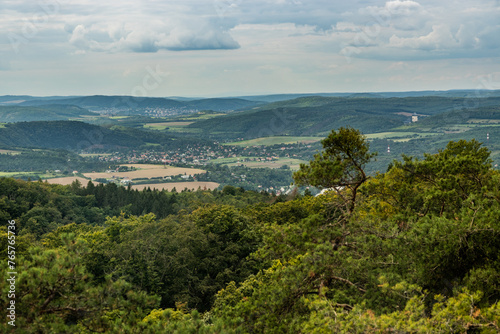 Fototapeta Naklejka Na Ścianę i Meble -  Aerial view of Berounka river valley with Karlstejn castle in the background, Czech Republic