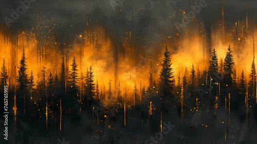 a painting of a fire in the middle of a forest. Expressive Amber color oil painting background. black and orange abstract oil painting.
