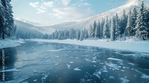 Frozen lake in the mountains in winter.